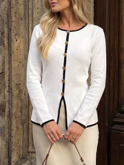 Contrast Trim Button Decor Knit Top in White, close-up detail