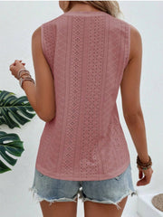 Dusty pink sleeveless eyelet detail top with a V-neck and casual fit.