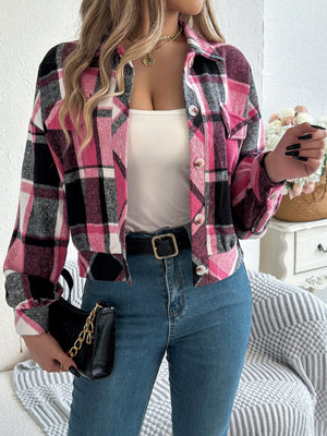Cropped plaid shacket in fuchsia pink with gathered sleeves and button front.