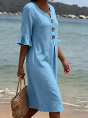 Sky blue casual dress with ruffled sleeves and button detail.