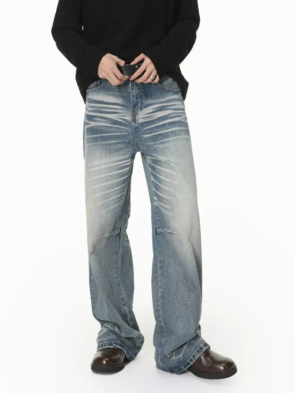 Men S Wide Leg Washed Jeans in Charcoal Gray, model styling view