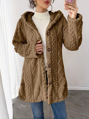 Camel hooded teddy trench coat with cable knit texture and button detail.