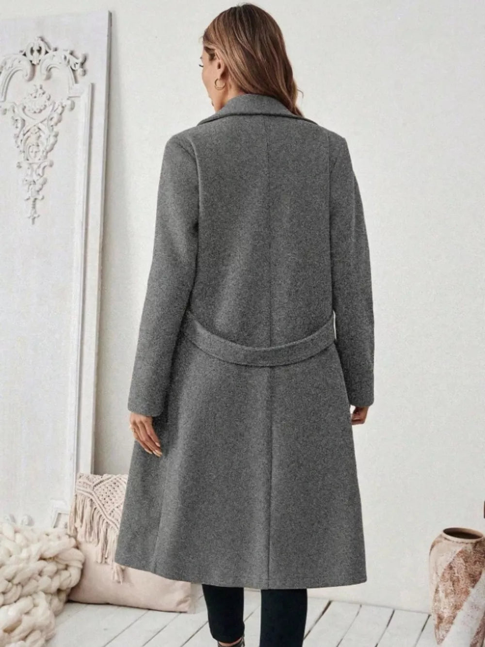 Elegant Lapel Collar Belted Trench Coat Plus Size in Gray, model styling view
