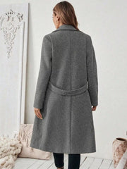 Elegant Lapel Collar Belted Trench Coat Plus Size in Gray, model styling view