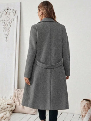 Elegant Lapel Collar Belted Trench Coat Plus Size in Gray, model styling view