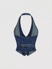 Halter Neck Denim Vest And Wide-leg Jeans Set, model styling view
