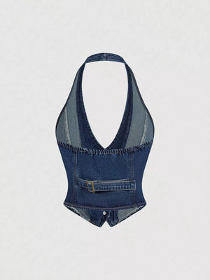 Halter Neck Denim Vest And Wide-leg Jeans Set, model styling view