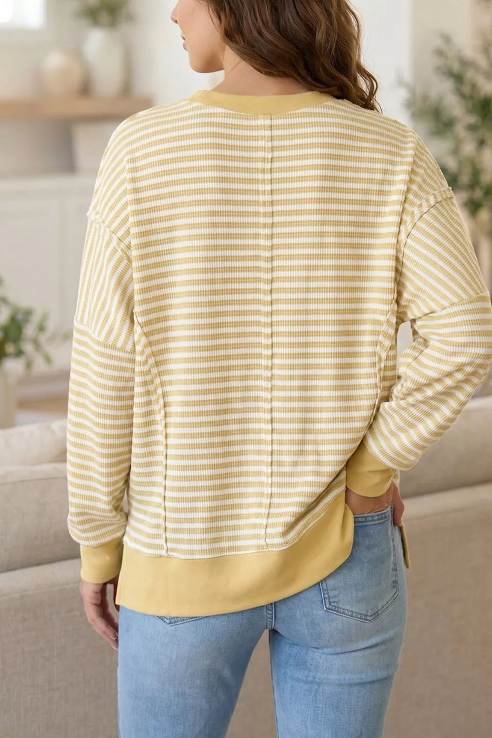 Stripe Textured Knit Color Block Long Sleeve Top in Blush Pink, side view