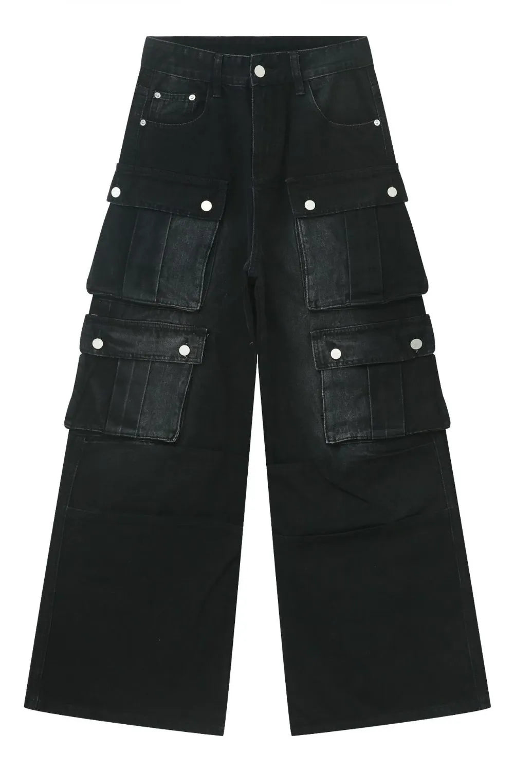 Oversized dark denim cargo pants with multiple flap pockets and button closures.