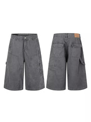 Men's relaxed fit grey cotton cargo capris with multiple pockets and button closure.