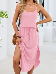 Pink scoop neck drawstring midi dress with side slit and spaghetti straps