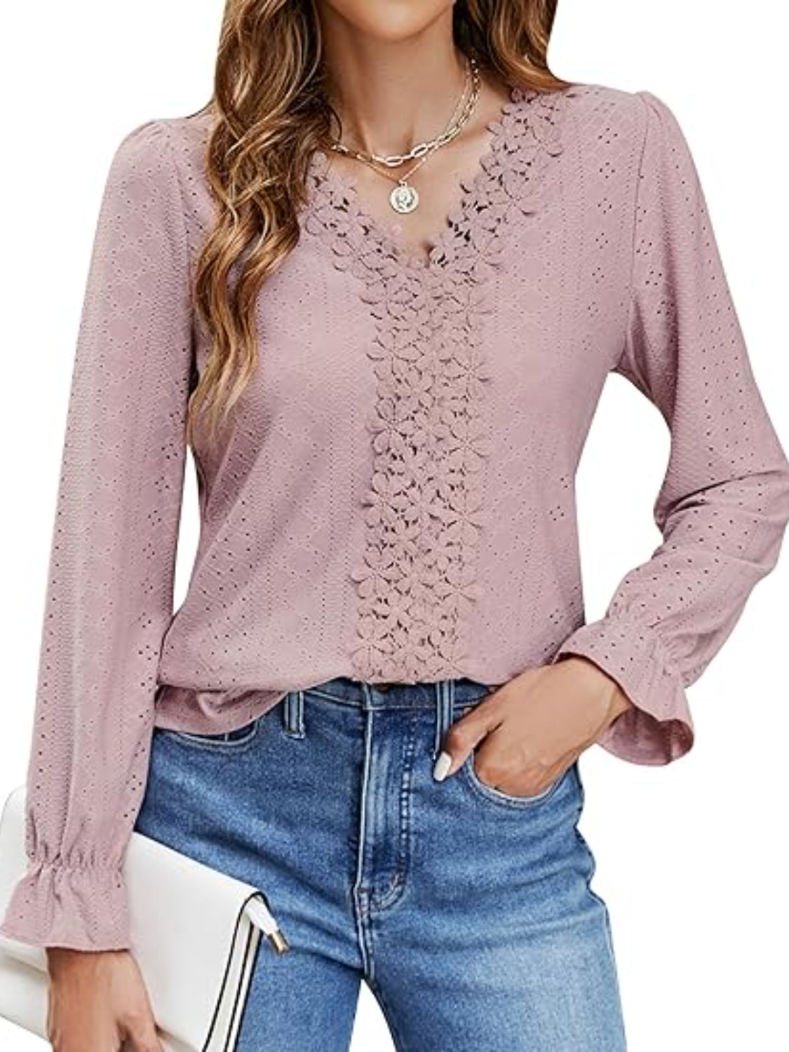 Dusty pink eyelet blouse with floral embroidery and ruffle cuffs