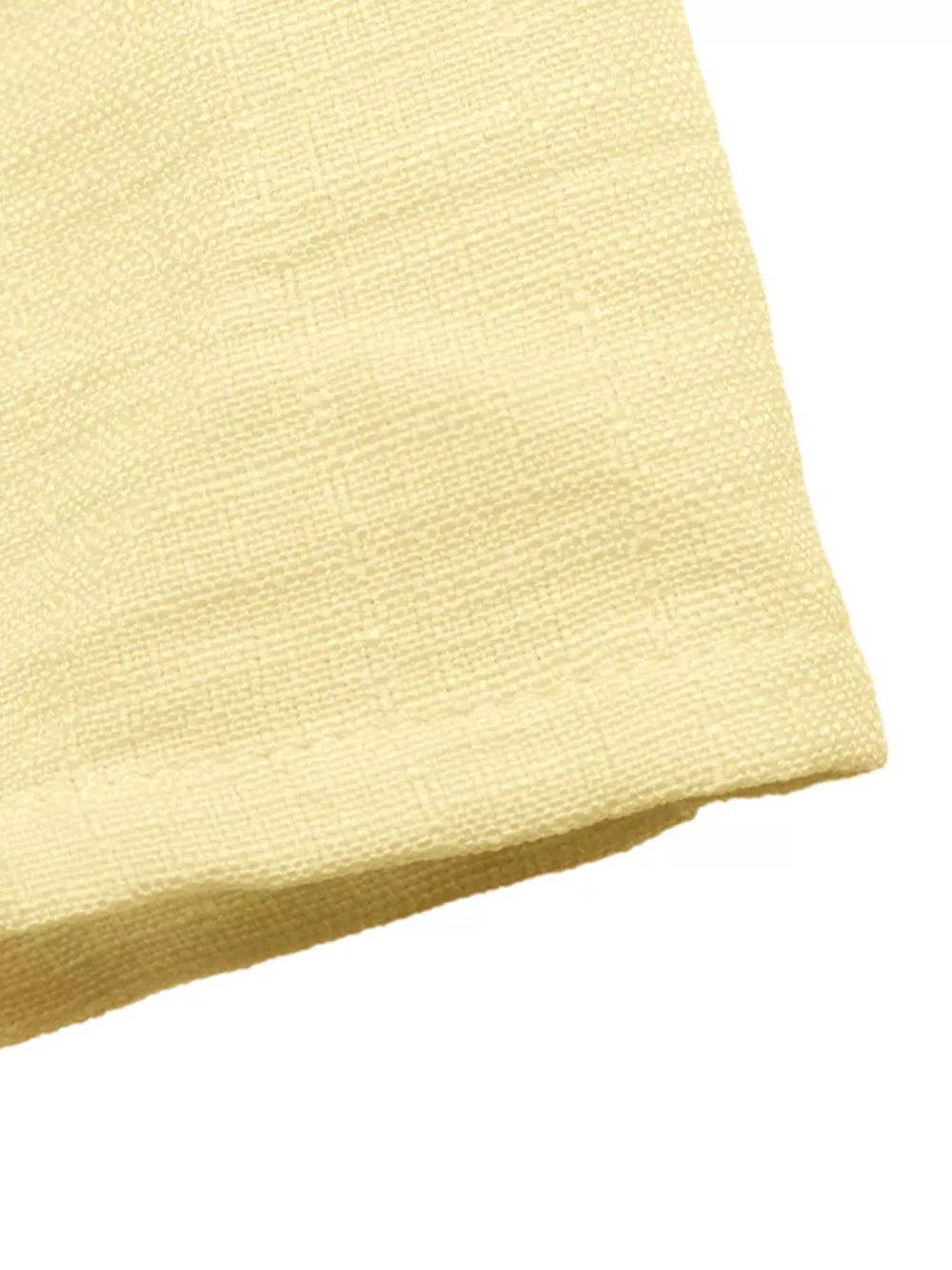 Peplum hem two-piece set in pale yellow textured fabric with button detail.