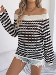Off-shoulder striped mesh knit sweater with open knit details and a ribbed neckline.
