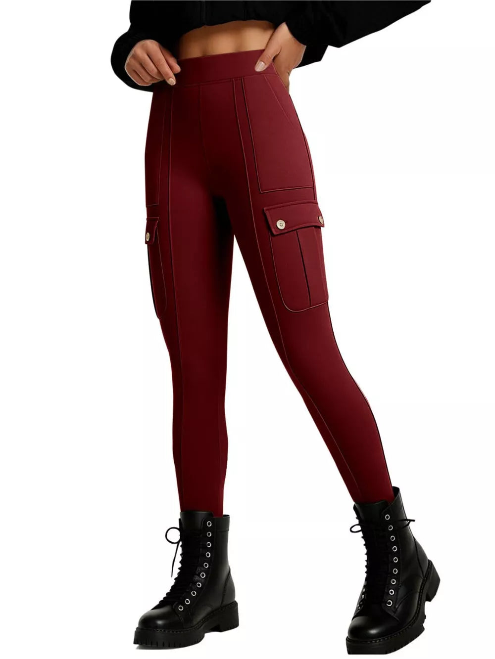 Burgundy active pants with cargo pockets and contrast stitching.
