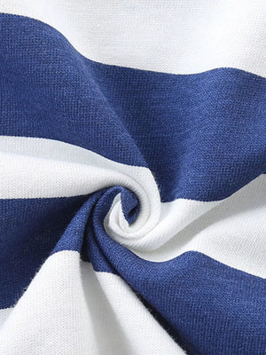 Boys' boxer shorts in white and blue horizontal stripes, cotton fabric detail.