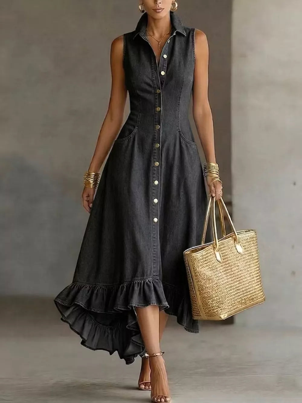 Sleeveless Ruffled Hem Denim Dress Plus Size in Black, front view