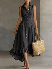 Sleeveless Ruffled Hem Denim Dress Plus Size in Black, front view