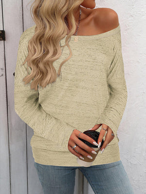 Off-the-shoulder heathered knit top in tan, long sleeve sweater with relaxed fit.