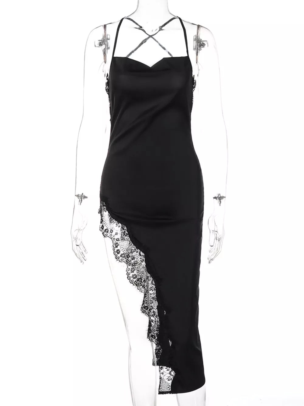 Black lace-trim spaghetti strap cowl neck bodycon dress with criss-cross back straps.