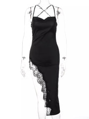 Black lace-trim spaghetti strap cowl neck bodycon dress with criss-cross back straps.