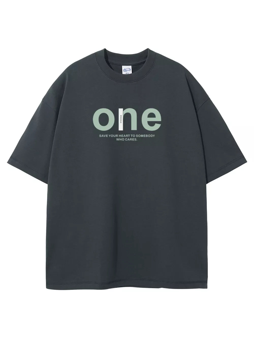 Dark Gray oversized cotton crew neck t-shirt with "one" graphic and text.