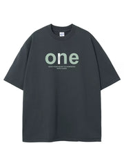 Dark Gray oversized cotton crew neck t-shirt with "one" graphic and text.
