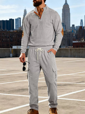 Men's Casual Button Detail Top And Pants Set in Gray, fit detail