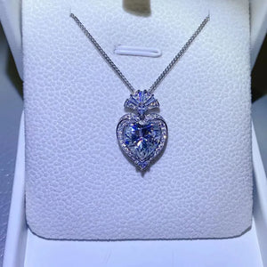 Silver moissanite heart halo pendant necklace with certificate on sterling silver chain