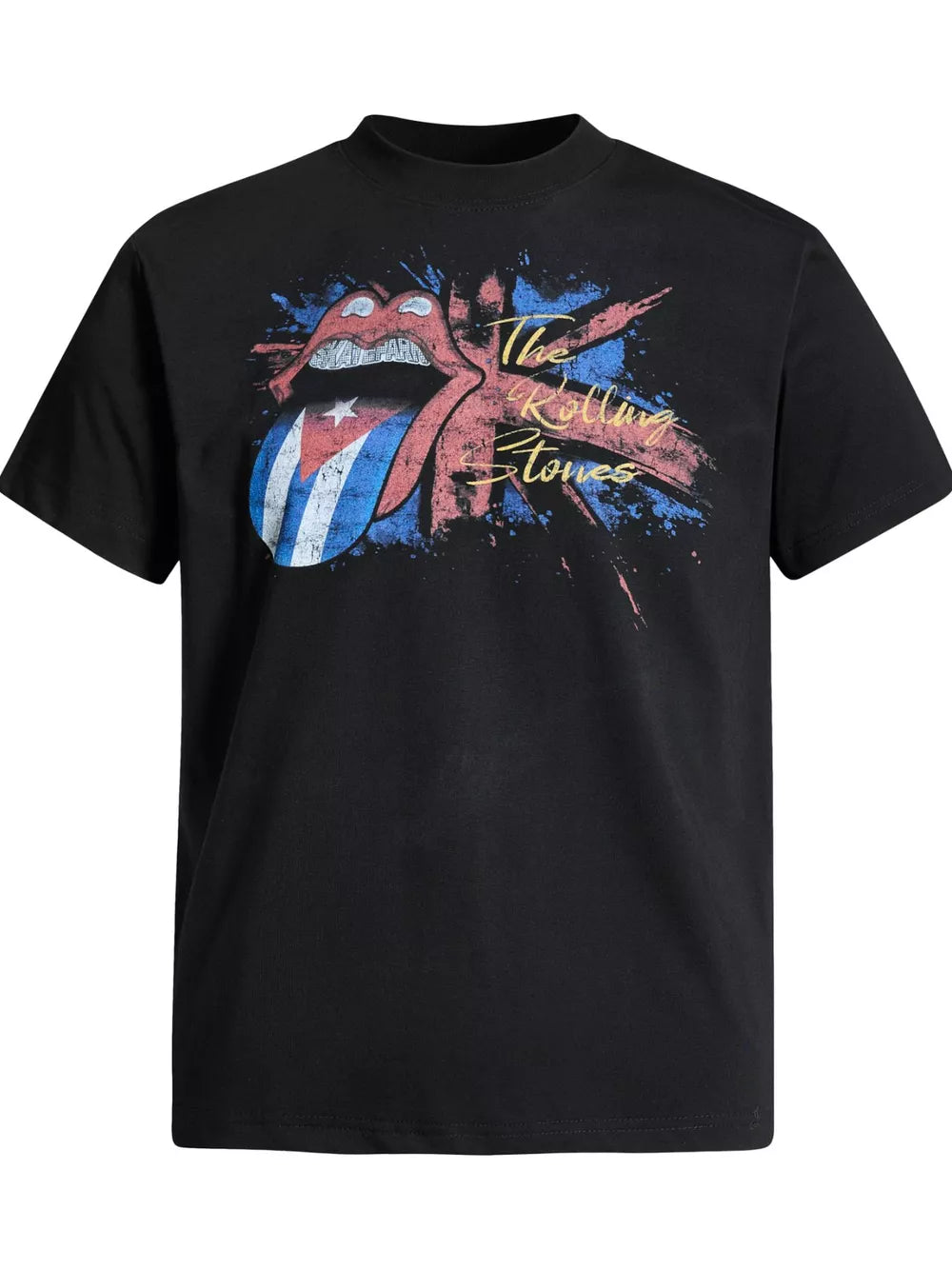 Black cotton t-shirt with Rolling Stones graphic and Cuban flag tongue.