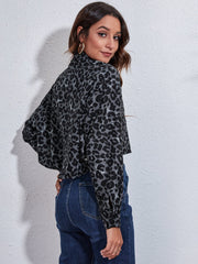 Gray black leopard print cropped shirt jacket with button details