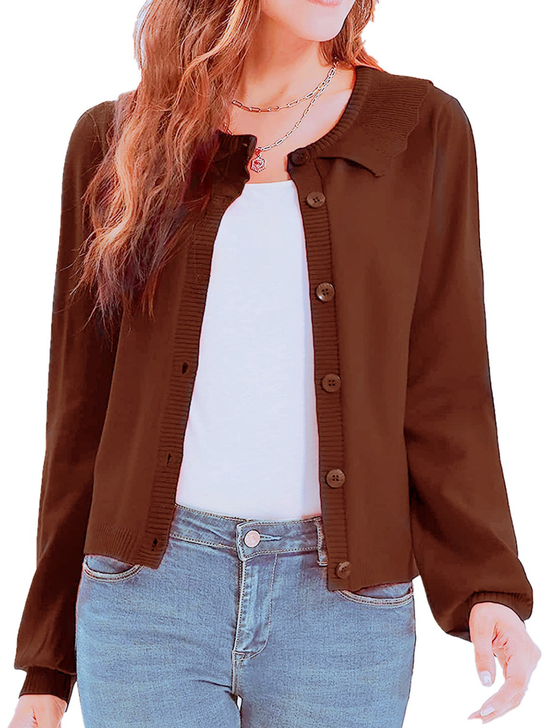 Chocolate knit cardigan with scalloped collar and button front, styled with jeans.