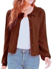 Chocolate knit cardigan with scalloped collar and button front, styled with jeans.