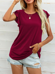 Deep Red tee with ruffled cap sleeves and a crew neck, styled with denim shorts.