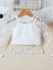 White toddler cami and skirt set with sheer star-print long sleeves