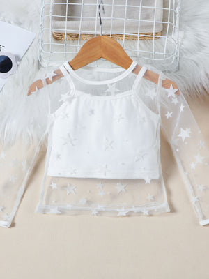 White toddler cami and skirt set with sheer star-print long sleeves