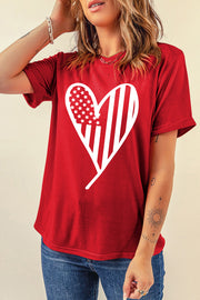 Red short sleeve t-shirt with white American flag heart graphic