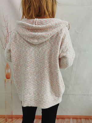 Blush pink speckled knit relaxed zip-up hoodie with drawstring hood