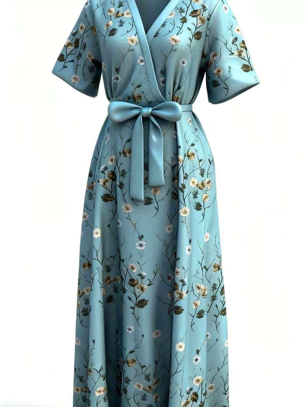 Teal floral maxi wrap dress with short sleeves and a self-tie belt.