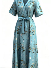 Teal floral maxi wrap dress with short sleeves and a self-tie belt.