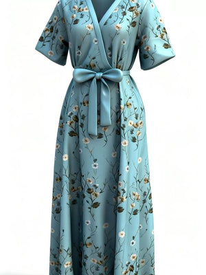 Teal floral maxi wrap dress with short sleeves and a self-tie belt.