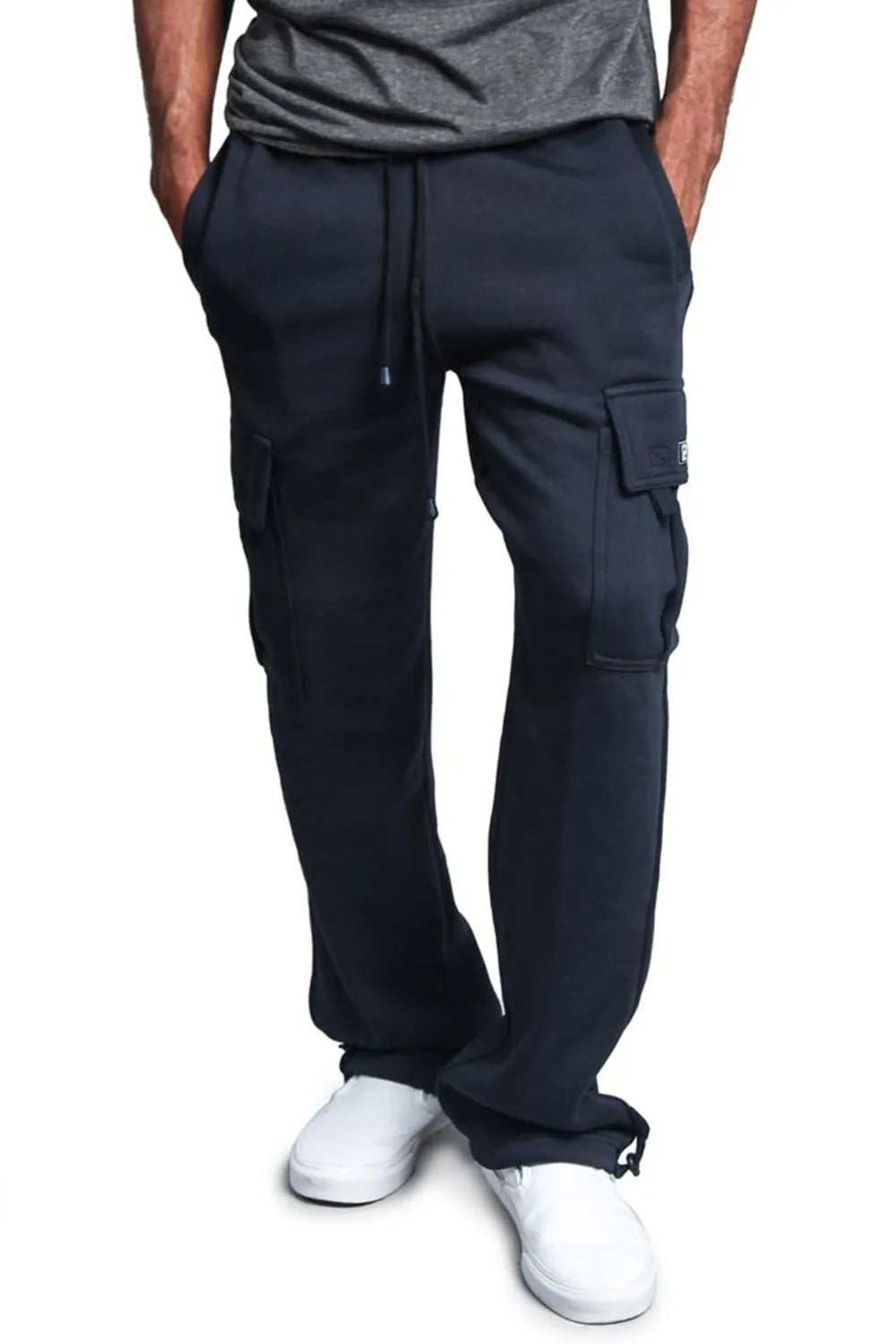 Navy fleece cargo lounge trousers with drawstring waist and multiple pockets.