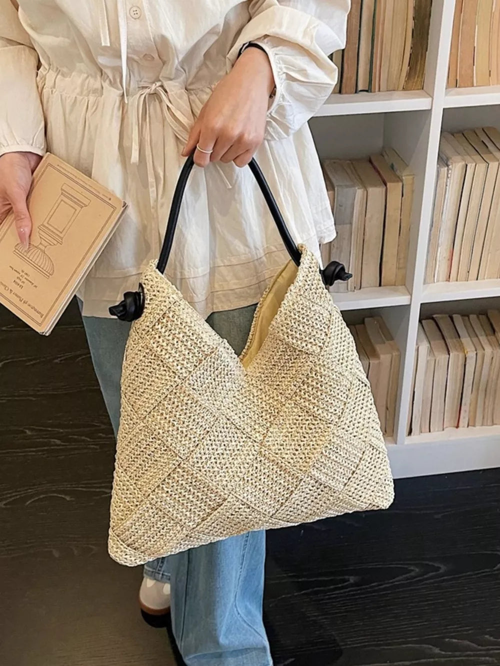 Woven Straw Shoulder Bag in Cream White, back view