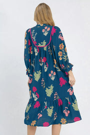 Floral Ruffled Neckline Midi Dress