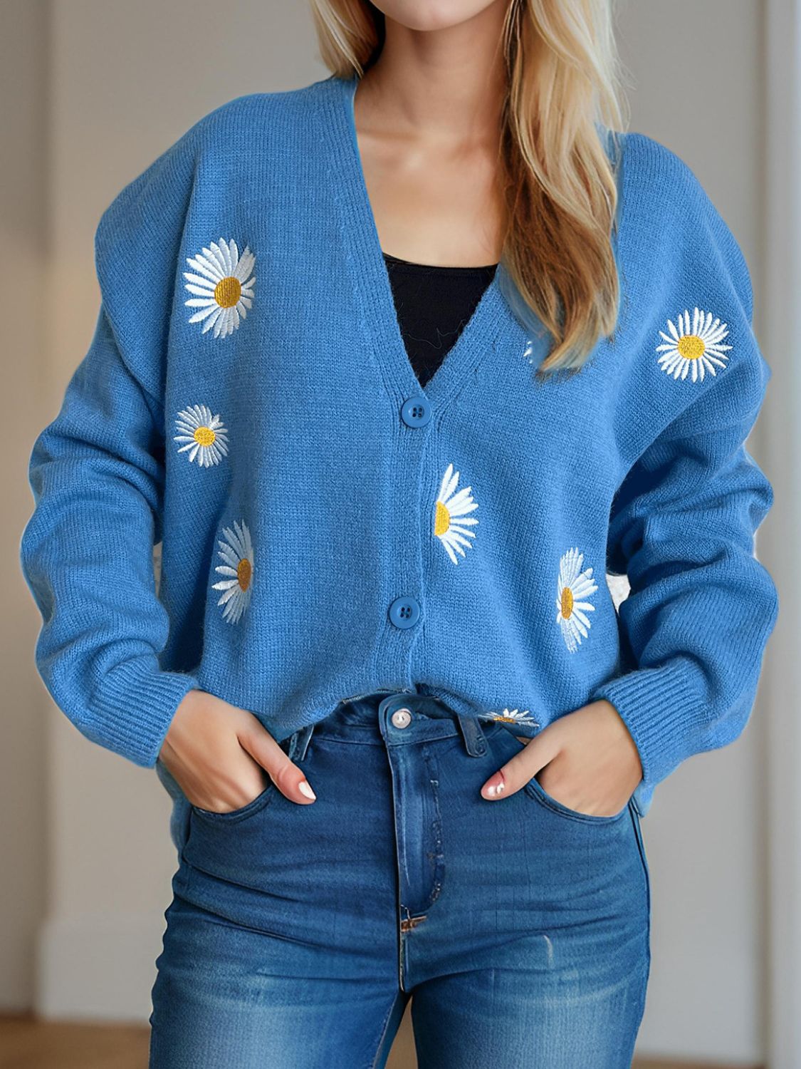 Sky blue oversized knit cardigan with embroidered daisies, button front, V-neck