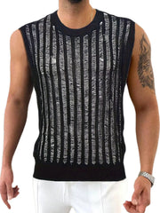 Black textured stripe knit tank top with distressed vertical lines.