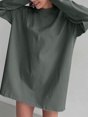 Oversized dark gray cotton jersey top with a crew neck and long sleeves.