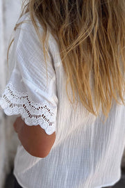 White cotton blouse with textured fabric and eyelet lace sleeve detail.