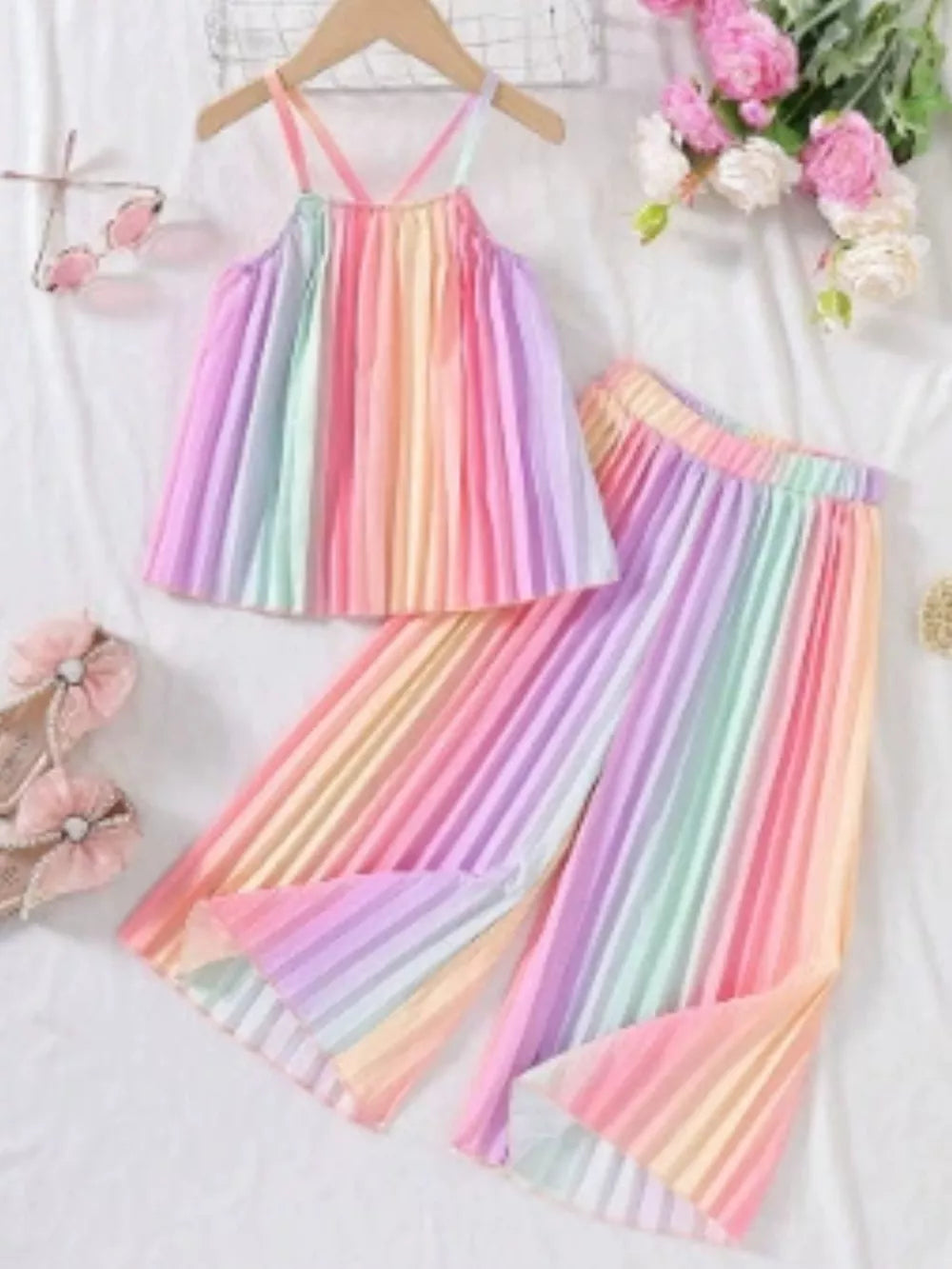 Pastel rainbow pleated cami and wide-leg pants set for baby girls.