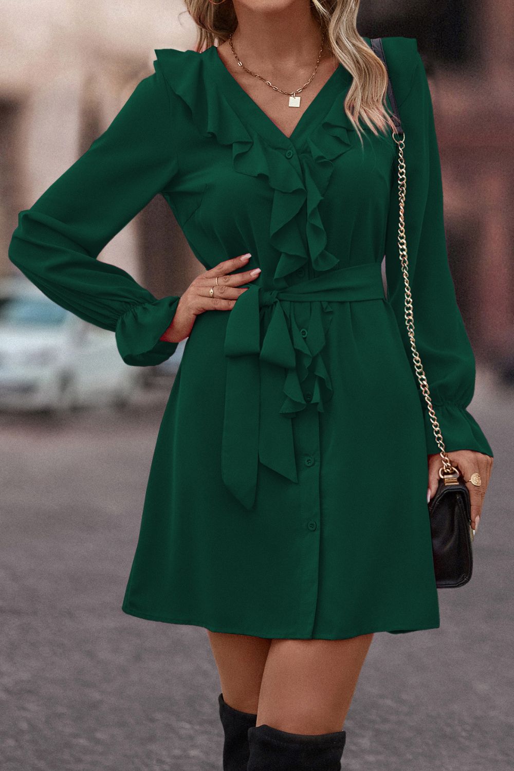 Green ruffled button-down A-line dress with tie belt and long sleeves